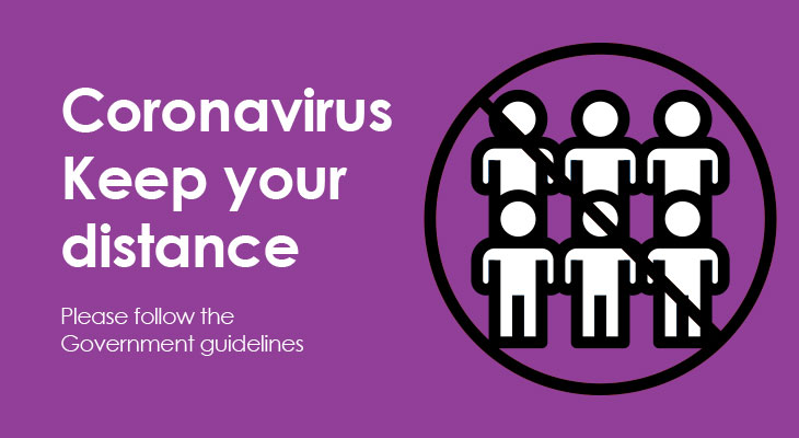 CoronaVirus keep your distance messaging with graphic of people and a cross through them