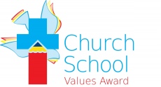 Church School Values Award, Blue cross with red pencil and dove as part of the design
