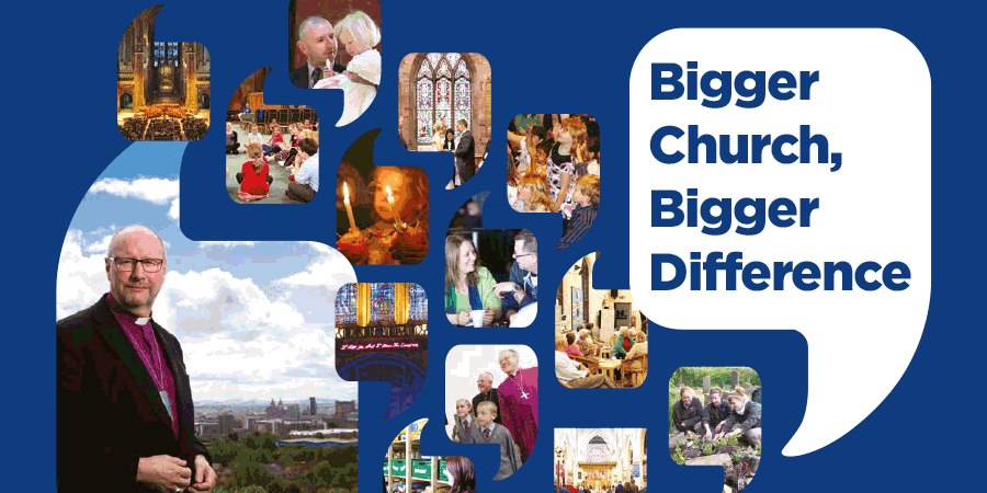 Bigger Church, Bigger Difference bubble with Diocesan images scrolling to 100 new congregations, 1,000 new leaders, 10,000 new disciples