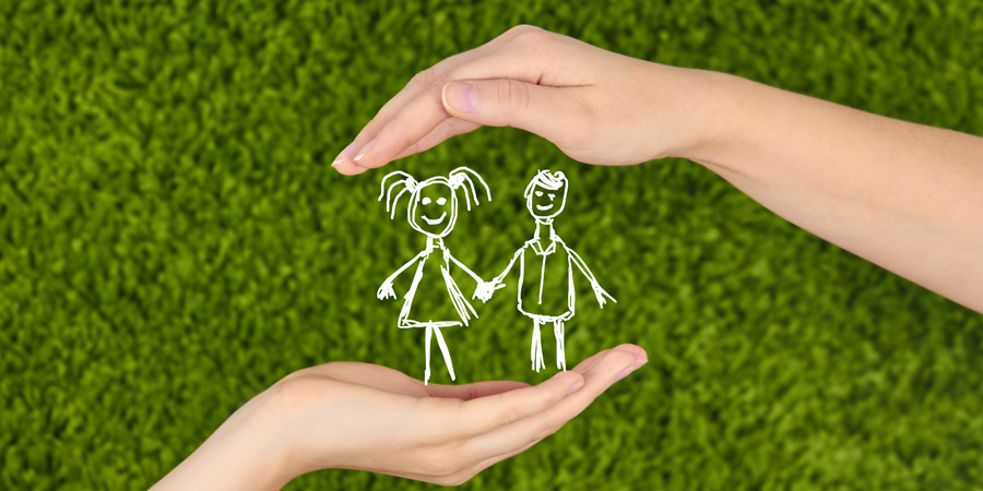 Two Woman's open hands making a protection gesture isolated on green background.Family life insurance, protecting children.