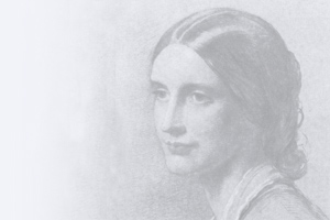 A grey scale drawing of Josephine Butler. Her hair is parted in the middle of her head and pulled away from her face