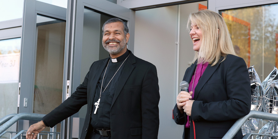 The new Bishop of Liverpool John Perumbalath and the Bishop of Warrington Bev Mason welcomed at beacon CE School, Everton